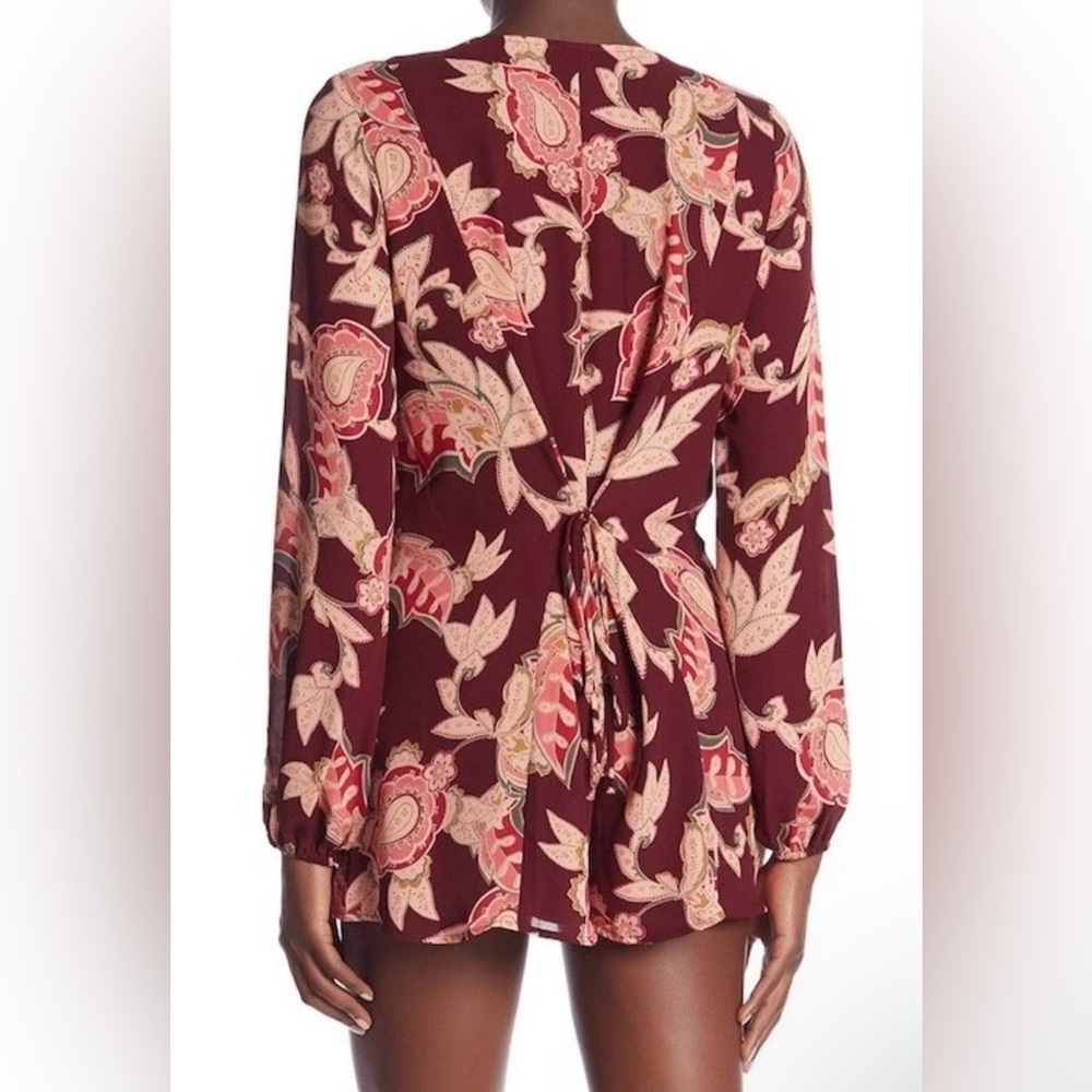 Show Me Your Mumu V-Neck Tie Back Paisley Romper Vino Vine Long Sleeve | Small - Picture 4 of 9